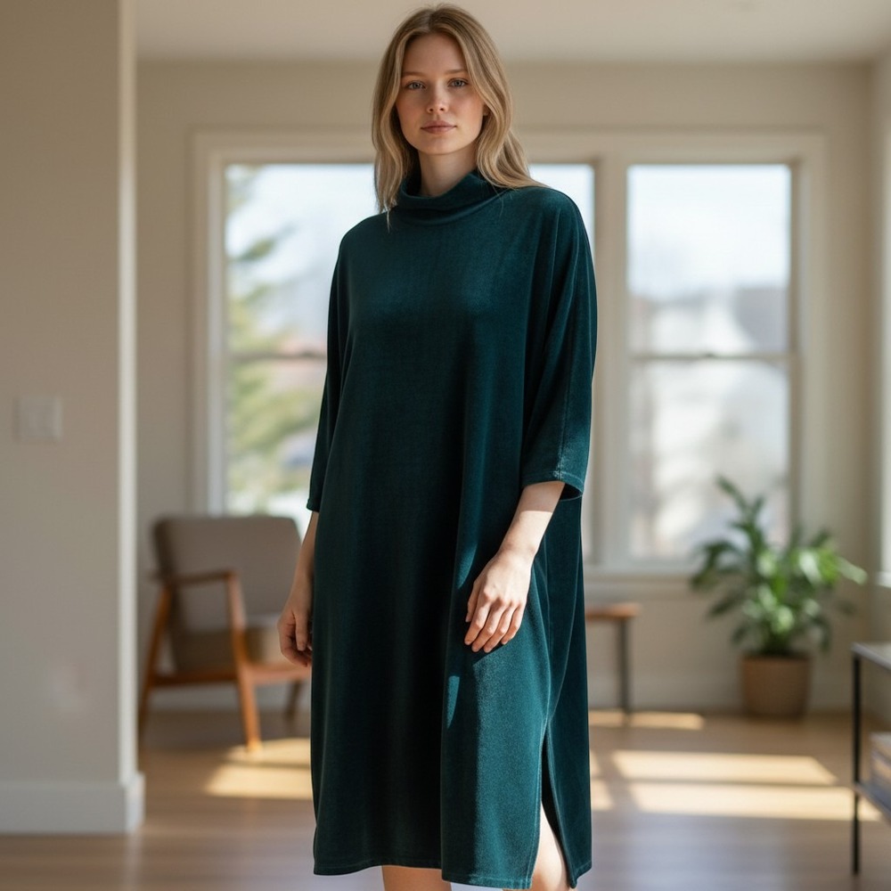 Pure Jill J. Jill Teal Green Corduroy Mock Neck Shift Dress XL Lagenlook